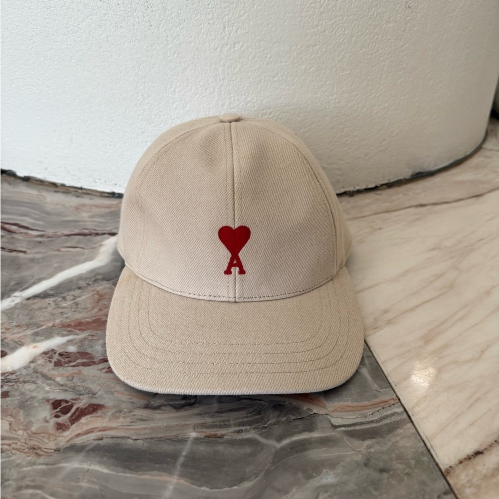 Ami Beige Cap with Red Heart Emblem